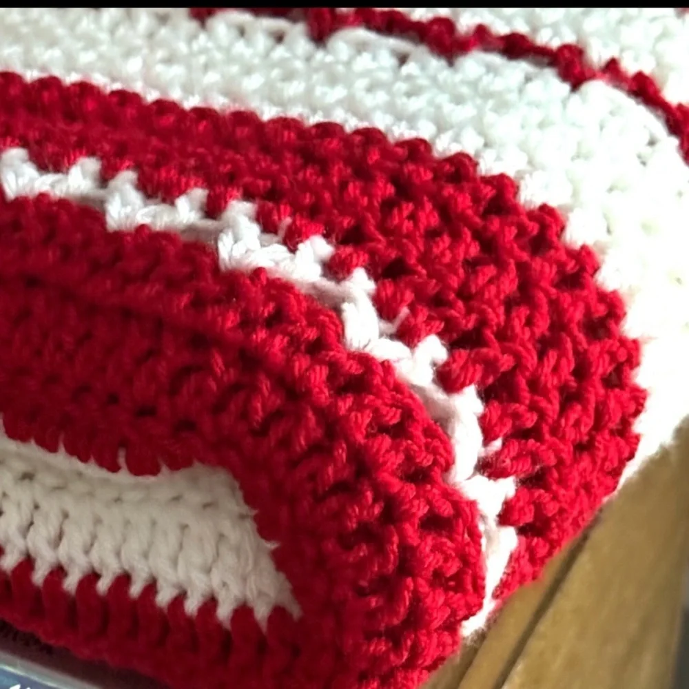 Red and White Striped Pattern Crochet Throw